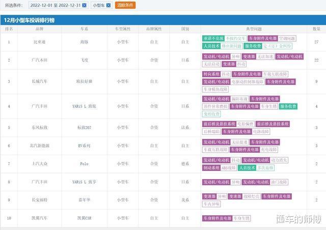 12月份轿车投诉排行榜，12月小型车销量排行榜-第6张图片